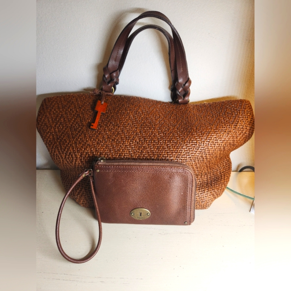 Fossil Brown and Tan Leather Tote Bag with Textured Design